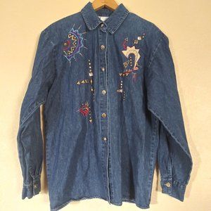 Vintage INFO USA Aztec Studded Denim Button Down Shirt Women's Medium
